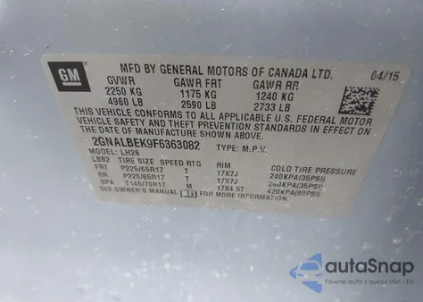 2015 Chevrolet Equinox 1Lt from USA, damaged, VIN 2GNALBEK9F6363082